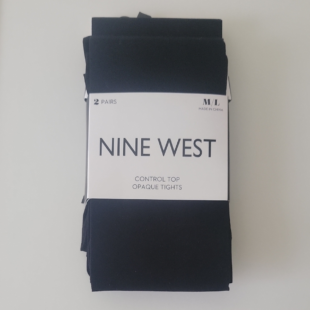 Nine West Black Opaque Control Top Tights, 2 Pairs, Size M/L